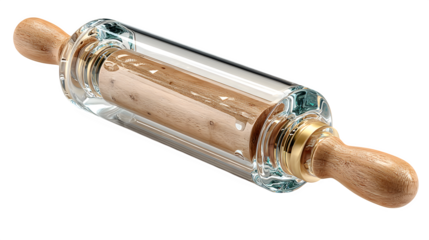 Clear rolling pin with wooden handles 3D rendered, glossy acrylic surface, isolated on white background
