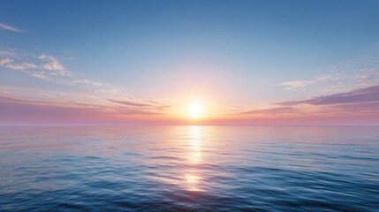 Obraz premium Serene Ocean Horizon at Sunrise with Calm Waters Reflecting Colorful Sky and Gentle Waves in Nature's Tranquil Landscape