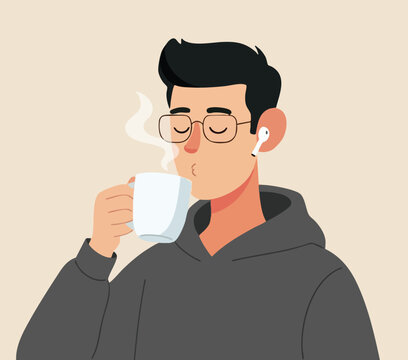 Flat vector illustration of a young man in a hoodie and glasses enjoying a hot drink while listening to music.