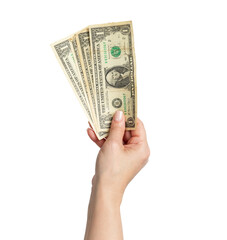 Female hand offering one dollar banknotes, transparent background PNG, concept of money, cash flow, economy, wages, budget, or finance