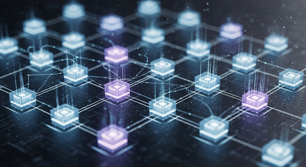 Digital Network Grid with Glowing Cubes Connected by Lines and Light Beams