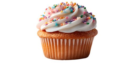 Colorful cupcake with sprinkles, bright frosting detail, festive studio lighting, isolated on white background