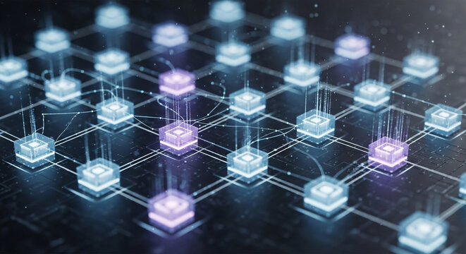 Digital Network Grid with Glowing Cubes Connected by Lines and Light Beams