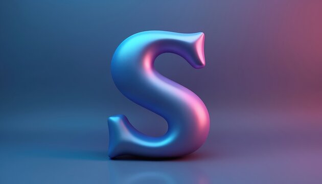 Shiny 3D letter S floats on purple blue gradient backdrop. Metallic surface reflects neon light. Modern alphabet shape, graphic design element, digital render.