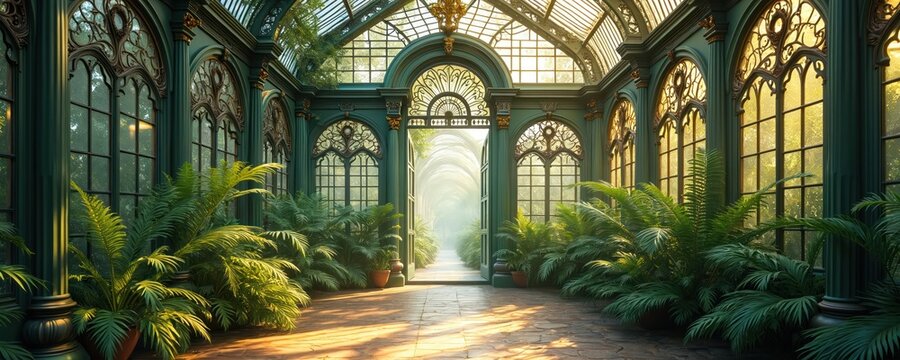 Fototapeta Ornate Victorian conservatory filled with ferns and rich plants. Sunlight streams through stained glass windows and intricate metalwork creating a serene garden pathway.