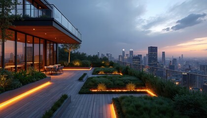 Naklejka premium Modern rooftop garden with city skyline view at dusk. Illuminated green plants on wooden deck with ambient orange lights. Upscale building terrace offers relaxation.
