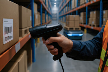 Warehouse worker scanning barcode on cardboard box with handheld scanner in aisle of shelving, robotic pallet transporter in background, industrial lighting and safety vest