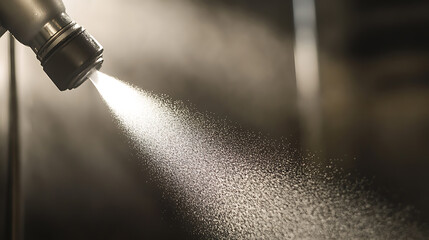 Ethereal view of a spray nozzle expelling a burst of liquid, caught in a moment of suspended animation. The play of light and dark accentuates the texture and movement.