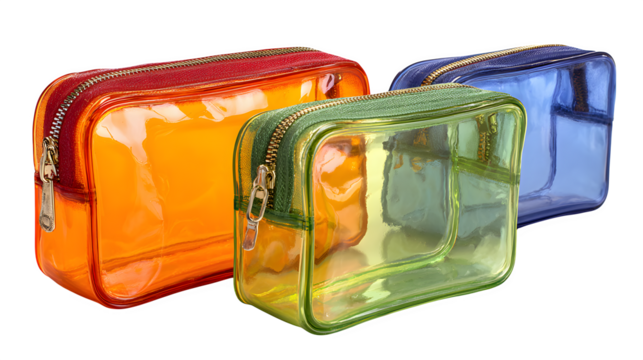 Colorful transparent cosmetic bags, glossy finish with zipper detail, isolated on white background