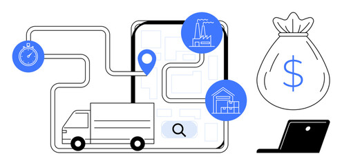 Delivery truck with map route, stopwatch, factory, warehouse, magnifying glass, money bag, and laptop highlights logistics, efficiency, planning budgeting e-commerce supply chain smart solutions