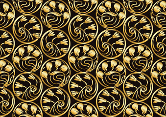 Decorative flowers and leaves in art nouveau style, vintage, old, retro style. Seamless pattern, background. Vector illustration. In art nouveau style, vintage, old, retro style. Gold and black