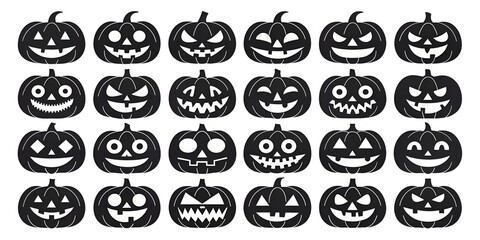 Fototapeta premium Set of Halloween scary pumpkins cut. Spooky creepy pumpkins cut