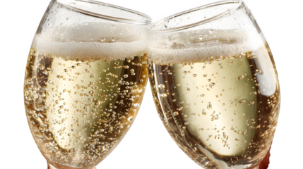 Couple toasting with wine glasses, clear reflections and bubbles, elegant light, isolated on white background