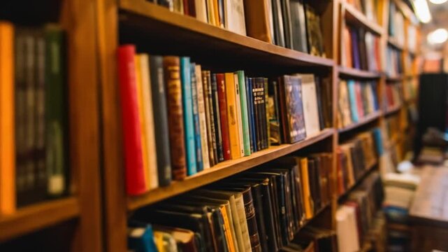 A cozy bookstore interior shot, featuring wooden bookshelves crammed with rows of diverse books