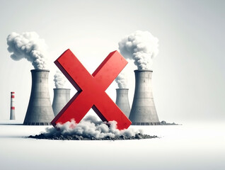 Prohibition sign against CO2 emissions with factory cooltowers
