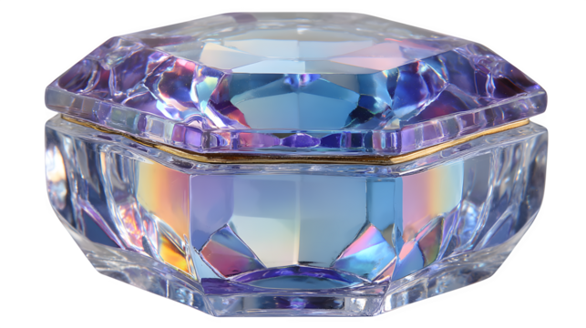 Crystal trinket box, faceted lid and base with prismatic highlights, isolated on white background - Powered by Adobe