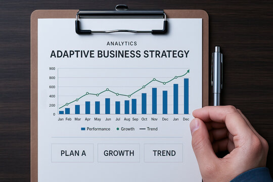 Adaptive business strategy analytics report with bar chart and line graph showing monthly performance growth and trend, clipboard and pen on wooden desk, planning and finance focus