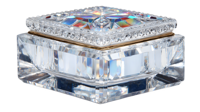 Crystal trinket box, faceted lid and base with prismatic highlights, isolated on white background