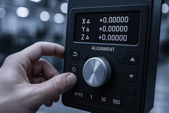 Hand turning control knob on industrial alignment panel with digital readout showing X Y Z zeroed, precise adjustment and focused technical operation in manufacturing environment