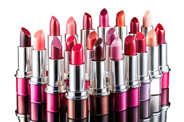 Fototapeta premium Collection of pristine lipsticks in various shades from nude to burgundy arranged in organized rows, isolated on a transparent background