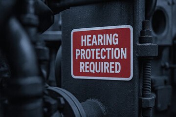 Hearing protection required sign on industrial machinery warning of loud noise and safety requirement in factory environment, stark red sign evokes caution and responsibility
