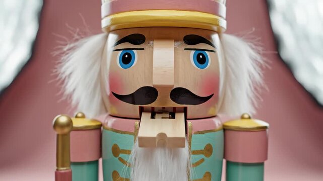 Close-up of traditional wooden nutcracker soldier. Christmas holiday toy decoration with pastel color palette on pink background