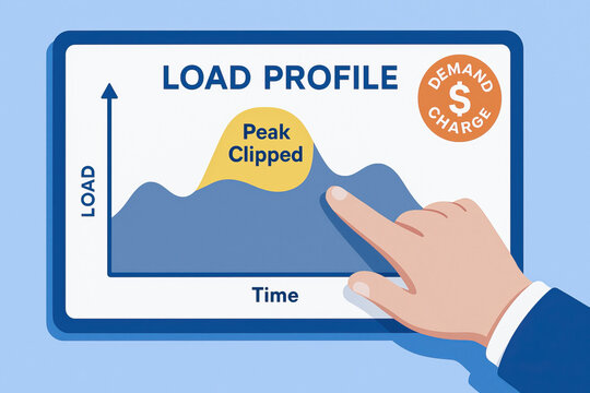 Load profile graph showing load versus time with peak clipped area highlighted and hand pointing at chart conveying demand charge reduction and energy management strategy