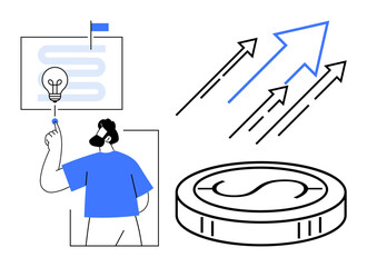Man pointing to lightbulb on plan, arrows indicating progress, coin signifying wealth. Ideal for strategy, creativity, finance, growth, investment planning entrepreneurship. Simple flat metaphor