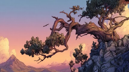 Illustrated bonsai tree and landscape scene with a mountain under a colorful sunset sky