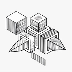 Abstract Geometric Construction of Interlocking Cubes and Cones with Hatching Detail shapes