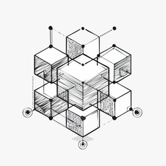 Isometric Arrangement of Cubes Connected by Lines and Dots in a Technical Blueprint Style vector illustration