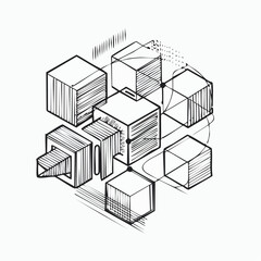 Abstract Geometric Composition of Cubes and Cones with Interconnecting Lines and Hatching vector illustration