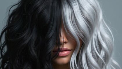 Woman with half black half silver hair, split dye style, posing with wavy texture. Hair transformation concept showing contrast, bold change, and modern beauty.