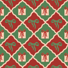 Christmas pattern with ribbon bows and gift boxes in vintage style. Cute rhombus seamless texture on green and red background. Vector illustration for New Year wrapping paper