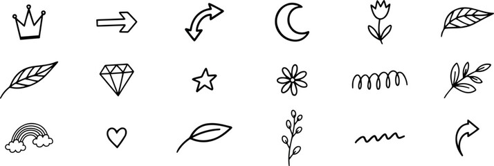 Collection of hand drawn doodle icons including a crown, arrows, moon, flower, leaf, diamond, star, rainbow, and heart, isolated on transparent background