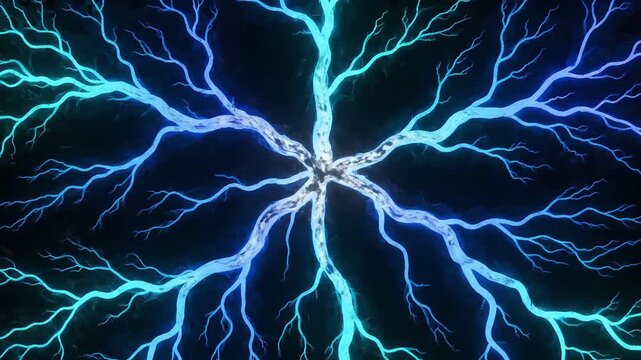 Abstract network of electric blue and white branching lightning sparks against a dark background, representing energy transfer and connectivity in a dynamic visual
