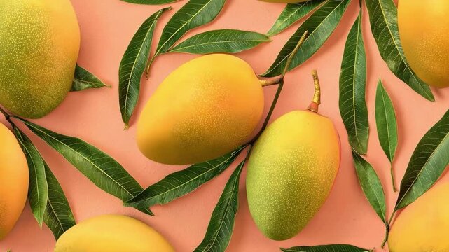 Ripe mangoes with green leaves arranged on a pink background.