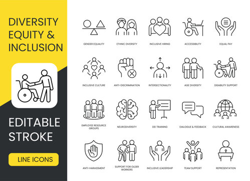 A set of vector icons representing diversity, equity, inclusion, and workplace belonging, created in line style with editable stroke
