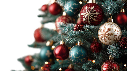 Decorated Christmas tree, ornaments and tinsel detail, festive warm lighting, isolated on white background