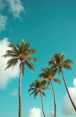 Tall palm trees stretch towards a bright blue sky with scattered clouds. Rich green leaves sway gently in the warm tropical breeze. This scene evokes feelings of relaxation and summer vacation.