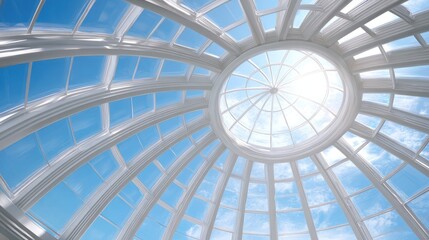 Stunning architectural dome with intricate glass design revealing bright blue sky and sunlight in a bright atmosphere of tranquility and elegance