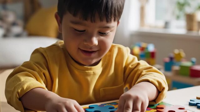 Close-up of child's hands assembling colorful wooden puzzle. Toddler developing fine motor skills and problem-solving abilities through play. Early childhood education concept