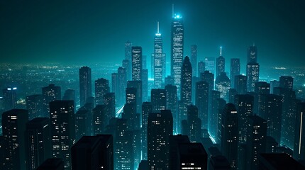 A futuristic city skyline at night, with towering skyscrapers illuminated by teal lights, creating a sleek, urban atmosphere.
