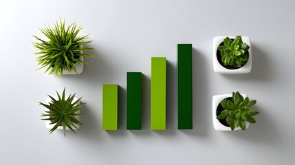 An arrangement of potted green plants and geometric shapes, forming a visual representation of business progress and sustainable development.