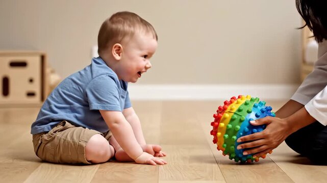 Happy baby boy playing with colorful sensory ball on floor. Cute toddler engaged in developmental play with textured toy. Parent and child interaction at home