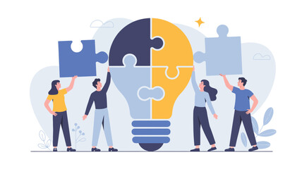 Diverse team of people collaborating to build a giant light bulb puzzle representing shared ideas and innovation