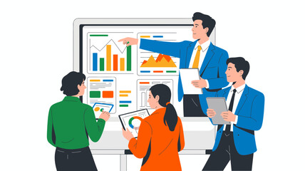 Fototapeta premium Diverse business team collaborates on financial data and charts presented on a large digital screen