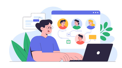 Young woman working on a laptop with a profile interface displaying multiple user avatars and chat bubbles