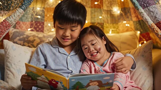 Asian brother and sister reading bedtime story together in cozy blanket fort. Young siblings bonding and learning at home in pajamas at night