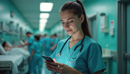 Young nurse uses phone in hospital hallway. Blurred patients and staff in background. Medical pro checks mobile device amidst hospital bustle. Healthcare worker busy on phone.